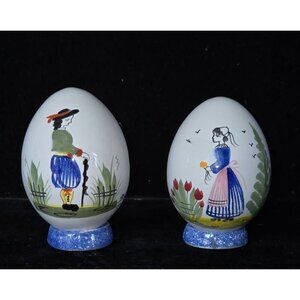 HB Henriot Quimper Hand-Painted Ceramic Egg Figurines Pair With Floral trim